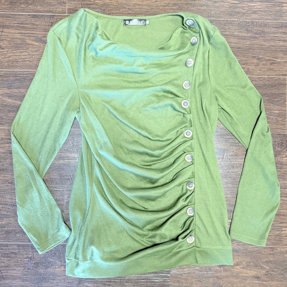 ALLEGRA K OLIVE GATHERED TOP BROWN BUTTONS LONG SLEEVES
